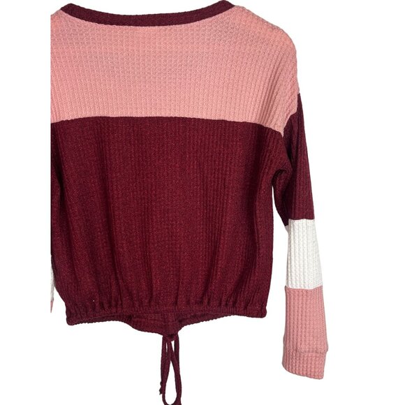 No Boundaries Top Womens Small 3 5 Waffle Knit Pink Burgundy Stripe Casual Shirt - Picture 10 of 15